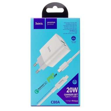 Сетевое зарядное устройство Hoco C80A USB/Type-C с кабелем для Apple (Lightning - Type-C) (белое) &mdash; 1